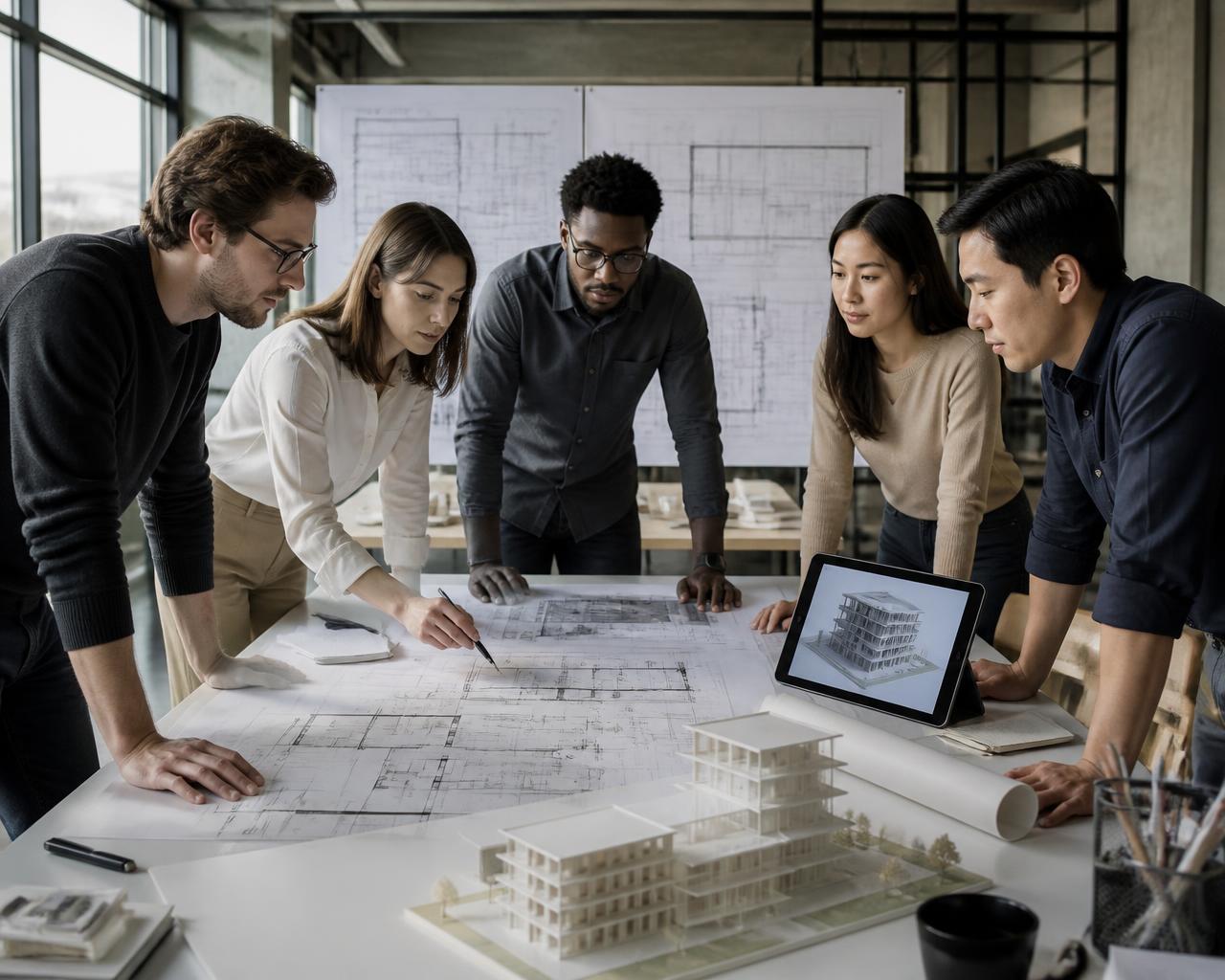 Arquitetos e engenheiros analisando plantas e um modelo BIM em tablet