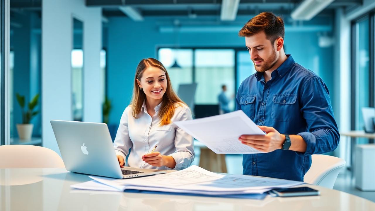 Arquiteta e engenheiro colaborando com laptop e projetos impressos