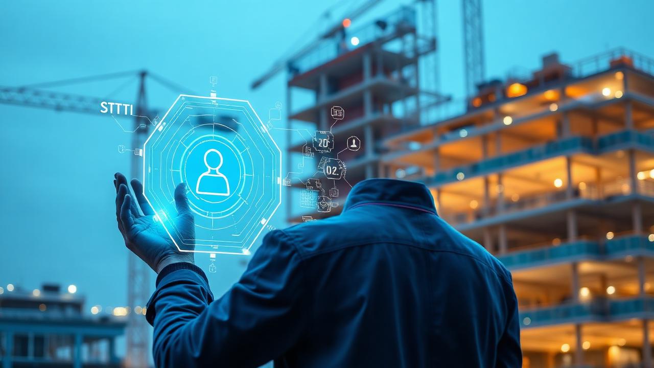 Profissional de engenharia analisando dados de inteligência artificial em um canteiro de obras