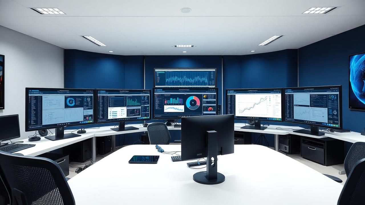 Sala de controle com dashboards de software de engenharia